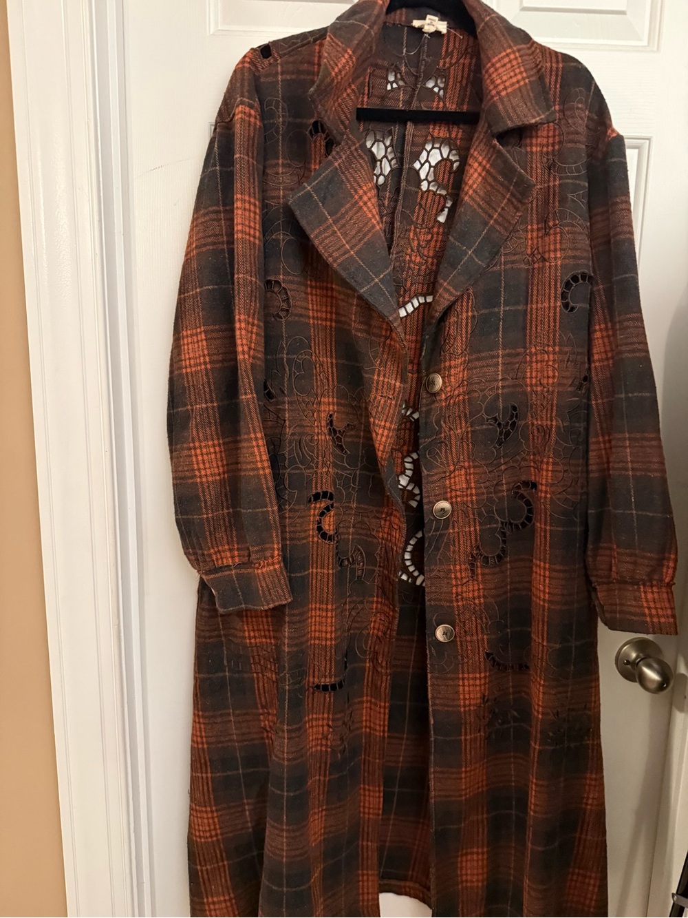 POL Orange and Black Plaid Trench Coat with Cutout Detail